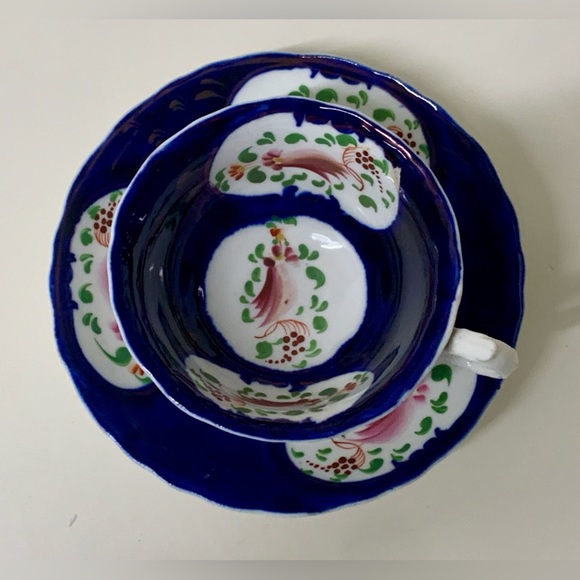 19th Century Antique Gaudy Welsh Feather Pattern Cup & Saucer Tea Set - Picture 2 of 16